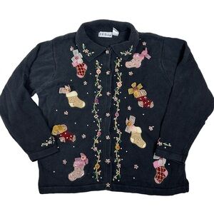 Grandmacore Black Holiday Sweater beaded Embroidered Stocking Christmas cardigan